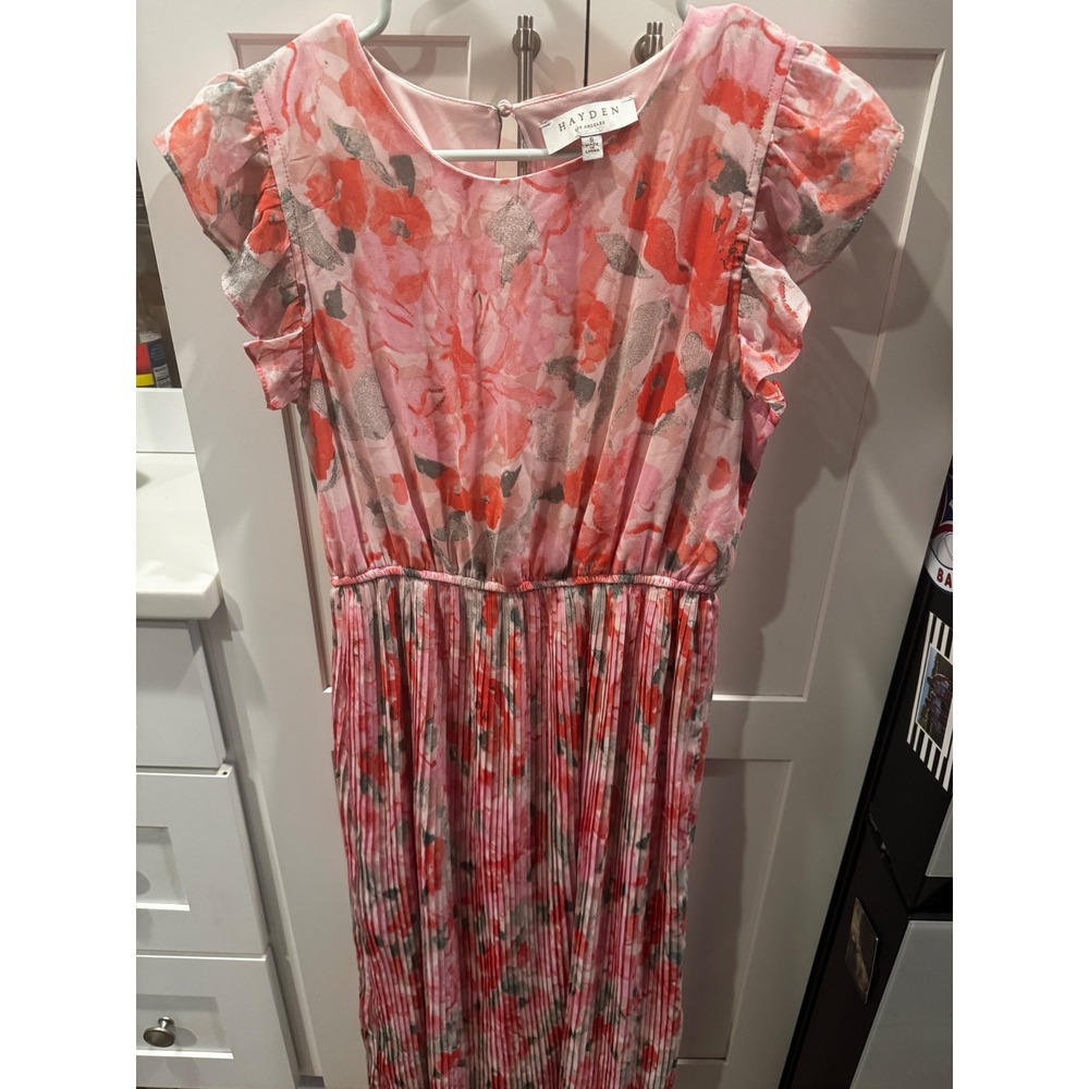 HAYDEN LOS ANGELES Floral Pleated Midi Dress Flutter Sleeve Pink Coral Size S - Picture 2 of 7